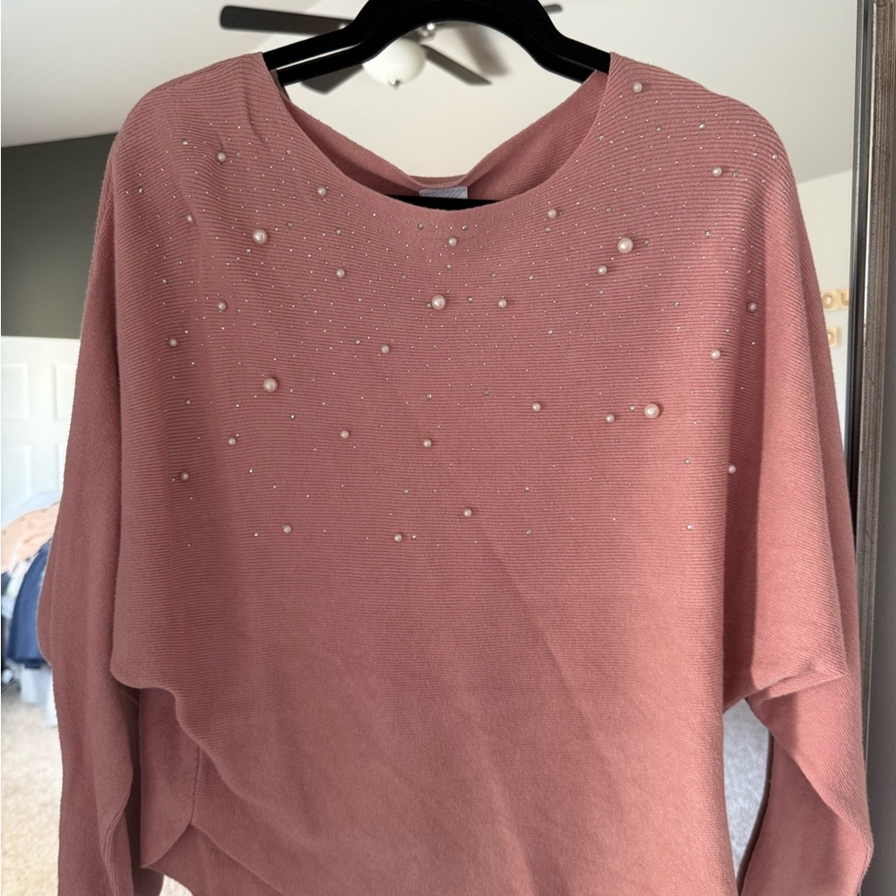 Women’s Pink Dolman Sleeve Sweater with Pearl Embellishments NWT size Medium